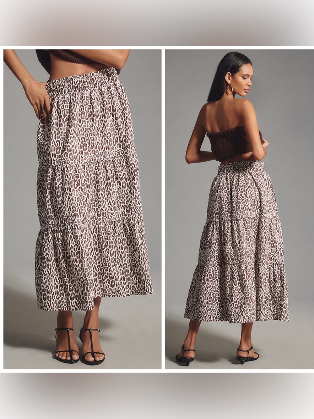 Anthropologie The Somerset Tiered Maxi Skirt White Brown Leopard Cotton Size S